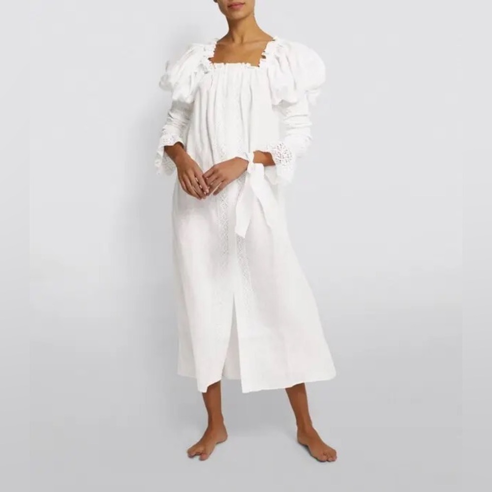 Sleeper Women’s White Opera Linen Lounge Dress Puff Sleeve Midi Lace sz XS NWT